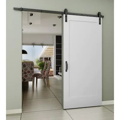 Barn door interior at Lowes.com: Search Results Barn Doors Lowes, Contemporary Entryway Ideas, Pine Barn Door, Glass Barn Doors Interior, Single Barn Door, Flat Panel Doors, White Barn Door, Contemporary Entryway, Barn Door Closet