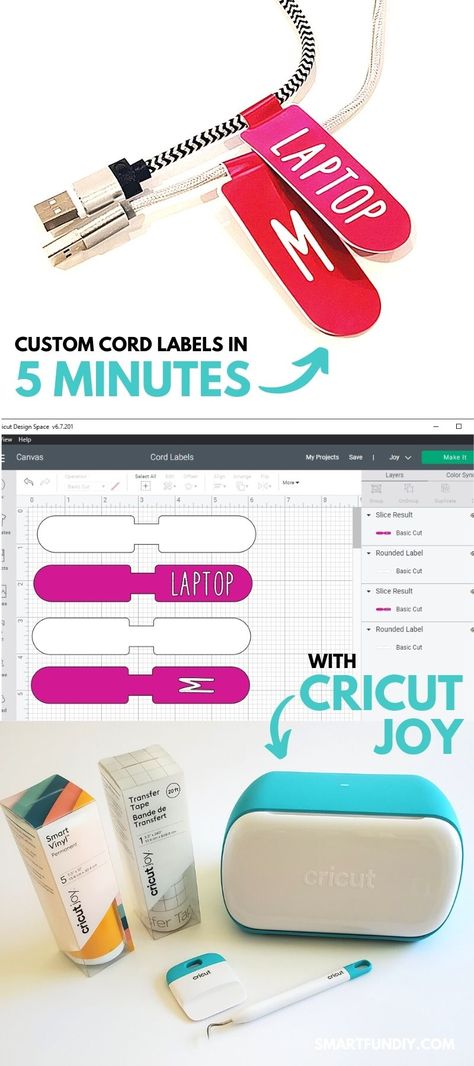 "Collage showing cords with custom vinyl tags in pink vinyl, screenshot of the tags in Cricut Design Space, and Cricut Joy machine with vinyl, vinyl transfer tape, and vinyl tools Cricut Cord Labels, Cricut Joy Label Projects, Easy Cricut Joy Projects, What To Make With Cricut Joy, Cricut Label Ideas, Decorate Cricut Machine With Vinyl Ideas, Projects For Cricut Joy, Cricut Joy Storage, Cricut Joy Organization Ideas