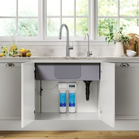 Kraus USA | Kitchen | Bathroom on Instagram: "Enjoy clean, safe, great-tasting water on demand with the new Purita™ water filtration system. Filter changes are super easy and the long-life cartridges filter up to 700 gallons and last up to 6 months. #lovemykraus" Filtered Water Dispenser, Under Kitchen Sink, Sink Water Filter, Refrigerator Cabinet, Brick Wall Background, Apartment Living Room Design, Water Filtration System, Under Sink, Wall Background