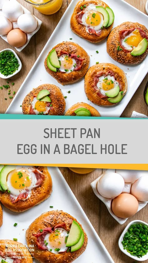 Sheet Pan Egg In A Hole, Egg In A Hole Bagel Oven, Bagel Eggs In A Hole, Eggs In Bread Hole Recipes, Bagels With Eggs, Baked Bagel Egg In A Hole, Bulk Meal Ideas, Bagel Egg In A Hole, Egg Lunch Ideas