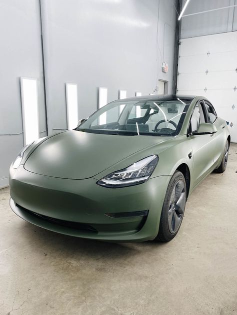 Tesla Model 3 | Matte Military Green Vinyl Wrap | Aegis Paint Shield Tesla Model X Wrap, Tesla Car Wrap Ideas, Tesla Model Y Wrap, Tesla Model 3 Wrap, Tesla Model 3 Car Wrap, Tesla Model 3 Matte Grey, Green Tesla, Green Car Wrap, White Tesla