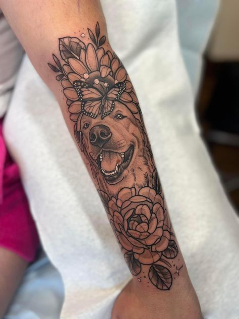 Dog Tattoo Sleeve Women, Paw Print And Flower Tattoo Dogs, Dog Face Tattoo With Flowers, Dog Hiking Tattoo, Dog And Woman Tattoo, Dog And Hand Tattoo, Pet Sleeve Tattoo, Animal Remembrance Tattoo, Tattoos For My Dog