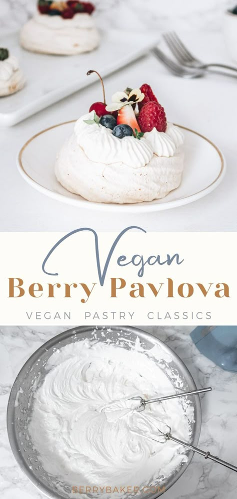 Summer Favourites Vegan Mini Berry Pavlovas — The Berry Baker Summer Desserts Vegan, Summer Vegan Dessert, Vegan Treats Easy, Vegan Mini Cake, Vegan Pavlova, Vegan Summer Desserts, Vegan Gf Dessert, Vegan Pavlova Recipe, Vegan Berry Dessert