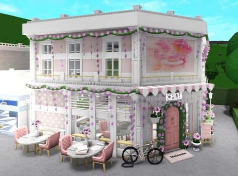 Bloxburg Coffee Shop Exterior, Bakery Bloxburg Ideas, Shop In Bloxburg, Cat Cafe Bloxburg, Pink Cafe Bloxburg, Coquette Cafe Bloxburg, Boo Burg Cafe Ideas, Blush Cafe Bloxburg, Bloxburg Kawaii House