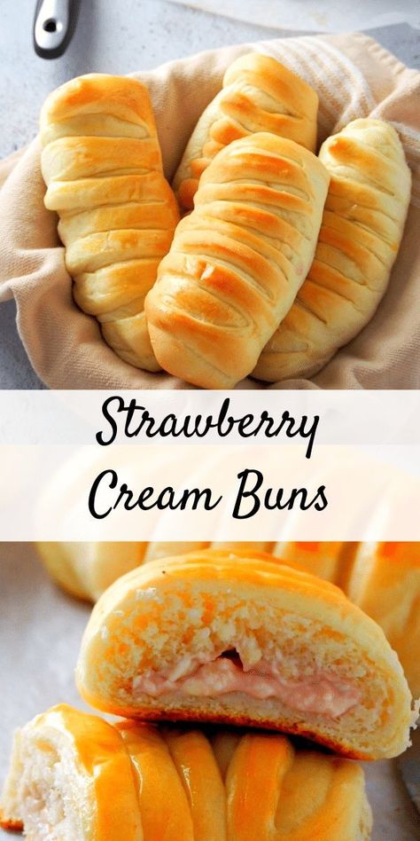 Soft bread filled with a sweet strawberry cream cheese filling, You will love these Strawberry Cream Buns for a sweet bread treat anytime. #strawberrybread #Strawberryrolls #sweetbuns Japanese Pastry Recipes, Cookbook Inspiration, Strawberry Cream Cheese Filling, Cream Buns, Cream Bun, Strawberry Bread, Soft Bread, Cheese Danish, Sweet Buns