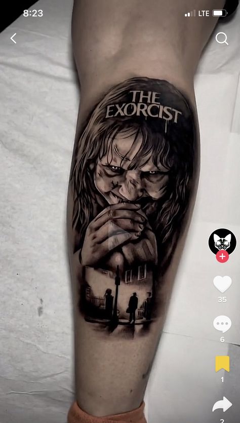 Horror Movie Tattoos For Women, The Exorcist Tattoo, Leg Sleeve Tattoo Design, Horror Leg Sleeve Tattoo, Horror Leg Sleeve, Tattoos For Women Leg, Tattoo Clock, Horror Sleeve, Halloween Tattoos Sleeve