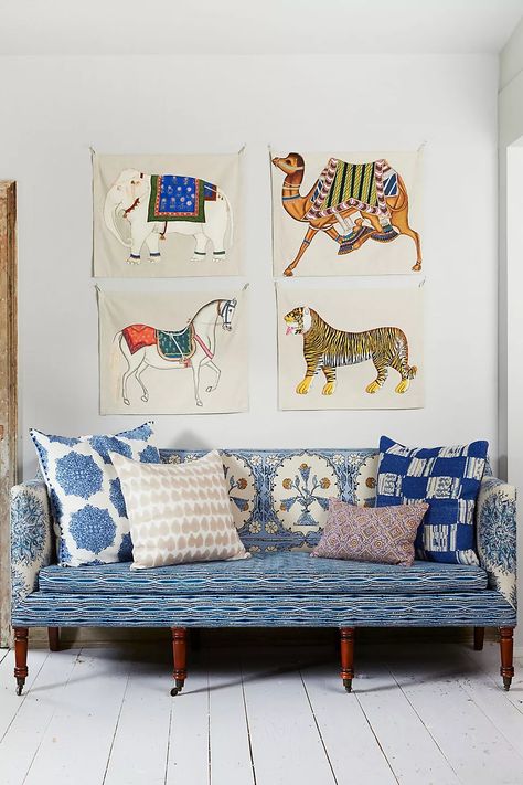 John Robshaw Hand Painted Elephant Tapestry | AnthroLiving Printed Fabric Sofa, Tiger Tapestry, Hand Painted Pillows, Elephant Tapestry, Diy Anniversary Gift, Printed Sofa, John Robshaw, Elephant Painting, Creative Painting