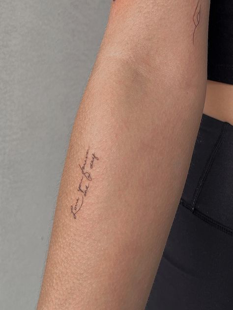 Handwriting tattoo, fineline, words tattoo, memory tattoo Subtle Word Tattoos, Different Font Tattoos Words, Memory Handwriting Tattoo, Tiny In Memory Tattoos, Messy Cursive Tattoo, Small Signature Tattoo, Tattoo Signature Handwriting, Fine Line Writing Tattoo Arm, Fine Line Tribute Tattoo