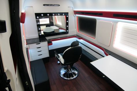 Mobile Hair Salon And Makeup Studio - HQ Custom Design Inc. Blog Mobile Barbershop, Mobile Hair Salon, Mobile Beauty Salon, Mobile Barber, Beauty Van, Barber Shop Interior, Vans Custom, Mobile Spa, Hair And Nail Salon