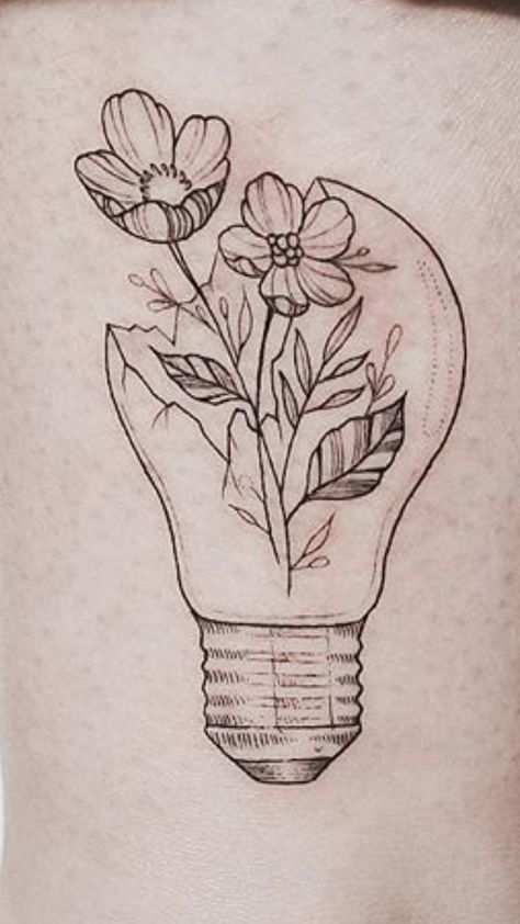 Flowers In A Lightbulb Drawing, Flower Light Bulb Tattoo, Bulb With Flowers Drawing, Traditional Light Bulb Tattoo, Floral Lightbulb Tattoo, Flower In Lightbulb Drawing, Broken Lightbulb With Flowers, Lightbulb Flower Tattoo, Small Tattoos Back Of Arm