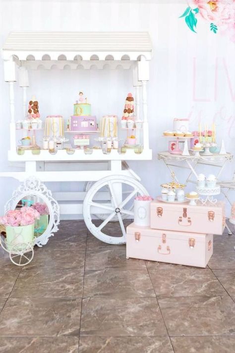 Fall in love with this gorgeous French-themed 1st birthday party! The vintage cart dessert table is stunning!!  See more party ideas and share yours at CatchMyParty.com #catchmyparty #partyideas #france #paris #parisianparty #girl1stbirthdayparty Marti 8, French Themed Birthday Party, French Themed Birthday, Princess Party Printables, Parisian Birthday, Parisian Birthday Party, Paris Birthday Theme, Vintage Party Ideas