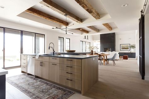 Kentwood Flooring, Black Modern Farmhouse, Eagle Idaho, Custom Metal Work, Beam Ceiling, Reclaimed Wood Beams, Island Countertops, Black And White Interior, Flooring Inspiration