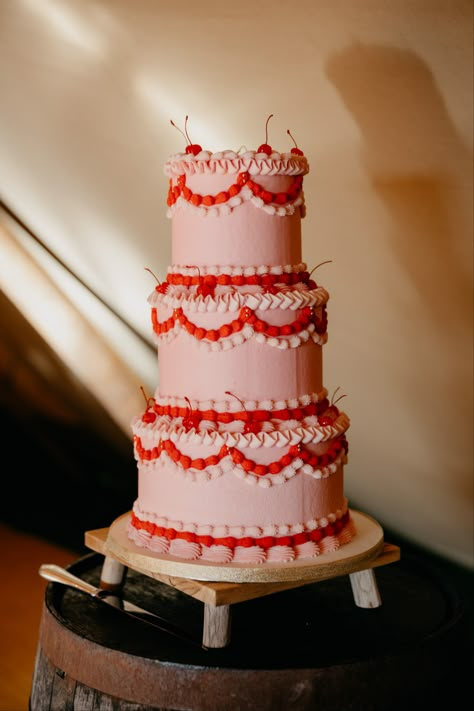 Pink Cake | Cherry Cake | Wedding Cake | Wedding Reception | Wedding Portraits | Simple Wedding | Wedding Planning | Wedding Photography | Wedding Ideas | Northern Ireland Wedding | UK Wedding Photographer Pink And Red Wedding Cake, Retro Wedding Cake, Buttercream Rosette Cake, Retro Wedding Cakes, Red Wedding Cake, One Tier Cake, 1980s Wedding, Bolo Vintage, Fresh Fruit Cake