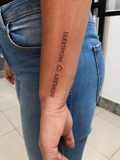 Date Of Birth Tattoo, Roman Numeral Tattoo Arm, Birth Tattoo Ideas, Birth Tattoo, Roman Numbers Tattoo, Butterfly Tattoos On Arm, Side Wrist Tattoos, Roman Numeral Tattoos, Cute Hand Tattoos