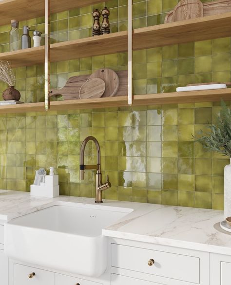 Green Tile Backsplash, Green Backsplash, Green Tiles, Ceramic Square, Reflecting Light, Backsplash Designs, Tile Trim, Accent Tile, Green Tile