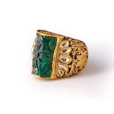 TALLIN Ring // Carved emerald (22.5 carat) and diamond slices, set in 22k gold Kundan Rings, Nizam Jewellery, Jewellery Men, Carved Emerald, Coloured Gemstones, Ruby And Diamond Necklace, Vintage Jewelry Antique, Yellow Sapphire Rings, Polki Necklace