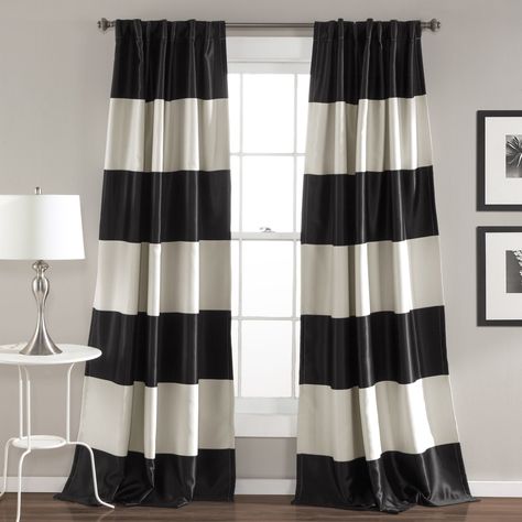 Lush Decor Montego Black and Gold Striped Window Curtain Panel Pair (Montego, Black), Size 52 x 84 Striped Room, Striped Curtains, Lush Decor, Country Curtains, Black Room, Black Curtains, Darkening Curtains, Rod Pocket Curtain Panels, White Curtains