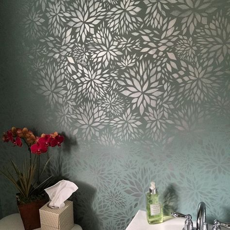 Finished Stencil Powder Room in Happy Client's Home! Used @royalstencils #petalplay #floral #stencil #ralphlaurenpaint #metallic 106 Silver Plated over Antiqued Aqua. #royaldesign #royalstencils #aqua #powderroom #glam #charlotte #artist Textured Wallpaper Accent Wall, Asian Paint Design, Damask Wall Stencils, Modern Wall Stencil, Flower Stencil Patterns, Wall Stencil Designs, Bonnie Christine, Damask Wall, Royal Design Studio Stencil