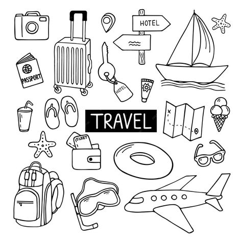 Premium Vector | Hand drawn set of travel doodle tourism and summer adventure Travel Doodles Simple, Doodle Travel, Travel Doodle, Travel Doodles, Travel Clipart, Travel Collage, Bullet Journal Themes, Journal Themes, Clipart Black And White