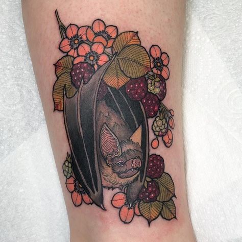 Art Nouveau Tattoo Flower, Hannah Flowers, Bats Tattoo Design, Art Nouveau Tattoo, Fruit Tattoo, Animal Fruit, Nouveau Tattoo, Autumn Tattoo, Bat Tattoo