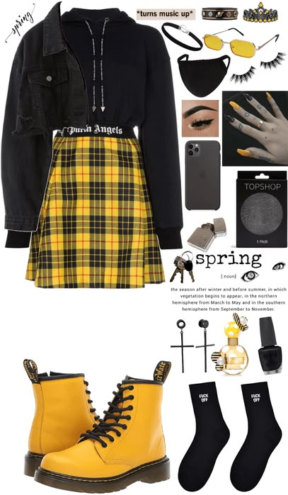 Yellow And Black Flannel Outfit, Colours That Go With Yellow Clothes, Yellow And Black Outfit Ideas, Yellow Gothic Outfit, Yellow And Black Clothes, Yellow Clothing Aesthetic, Yellow Inspired Outfits, Yellow Punk Outfits, Yellow And Black Outfits For Women