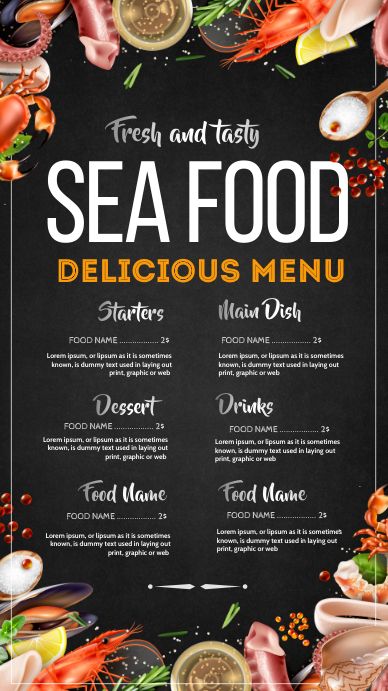 Sea Food Menu Design, Sea Food Restaurant Design, Free Menu Templates, Restaurant Template, Restaurant Flyers, Seafood Menu, Restaurant Poster, Food Flyer, Food Menu Template