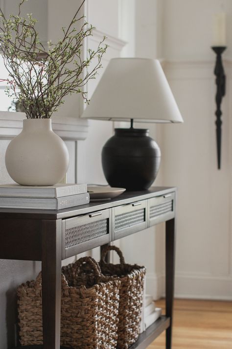 A beautiful dark wood console table styled in the home of blogger and interior decorator Liz Fourez Sofa In Hallway Entryway, Console Table Inspiration, Black Console Table Styling, Black Console Table Entryway, Black Console Table Decor, Dark Wood Console Table, Black Entryway Table, Liz Fourez, Mid Century Console Table