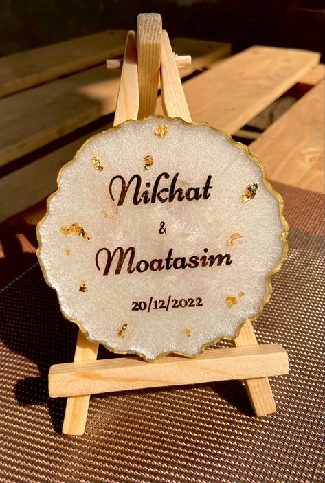 Customised name Size :4inch Wood stand Resin Name Stand, Resin Arts, Resin Products, Diy Birthday Gifts For Friends, Bridal Makeup Natural, Resin Frame, Wedding Invitation Card Design, Resin Design, Invitation Card Design