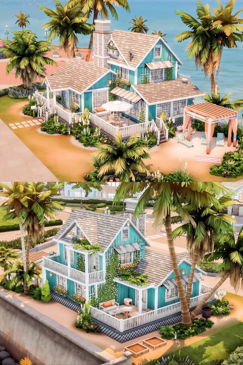 Island Home Sims 4, Sims 4 One Person House, Sims 4 Tartosa Beach, Sims 4 Beach House Ideas, Sims 4 Beach Shack, Sims Landscaping Ideas, Sims 4 Vacation House Base Game, Sims 4 California House, Sulani Homes Sims 4 Floor Plan