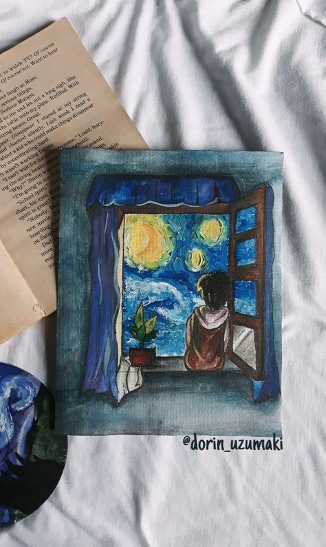 There's a window with crack smoky plane, I sit there and see the starry night, I see the soul of the stars, yellowish stars and get lost within them. #vangogh #art #aesthetic #starrynight #vangoghstarrynight Starry Night Window, Expressive Drawing, Best Classic Movies, Paintings Nature, Starry Night Art, Vintage Letters, Bond Paper Design, Painting Pastel, Watercolor Paintings Nature