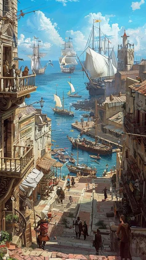 Beach City Fantasy Art, Harbor City Fantasy Art, Dnd City Concept Art, Seaside City Fantasy Art, Pirate City Concept Art, Fantasy Seaside City, Port City Concept Art, Coastal City Fantasy Art, Fantasy Landscape City