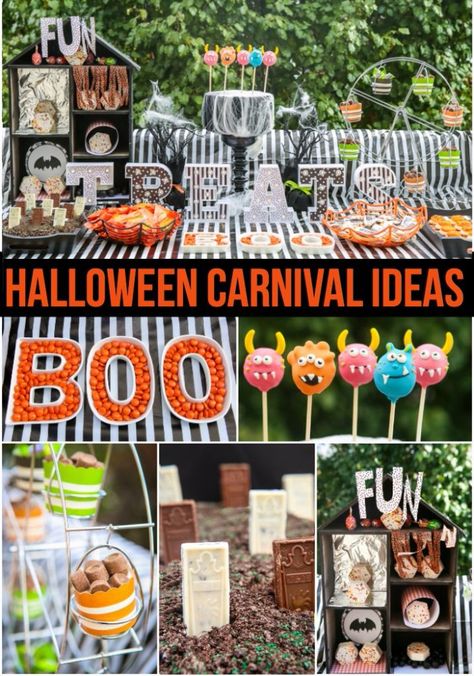 Love all of these Halloween carnival ideas especially this awesome Halloween carnival dessert table! Halloween Carnival Ideas, Carnival Dessert Table, Carnival Desserts, Halloween Carnevil, Adult Halloween Party Games, Halloween Carnival Games, Party Game Prizes, Desserts Table, Fall Carnival