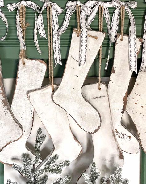 Stockings come in all shapes, sizes and colors. This tutorial will show you how to make DIY wood Christmas stockings from scrap wood and other supplies you may have on hand. Stocking Ornaments, Wooden Christmas Stockings Diy, Wooden Christmas Stockings Ideas, Wood Christmas Stocking, Scrap Wood Christmas, Wood Christmas Stockings Diy, Christmas Wood Crafts To Sell Clogs & Mules, Rustic Stockings Christmas, Xmas Stockings Pattern