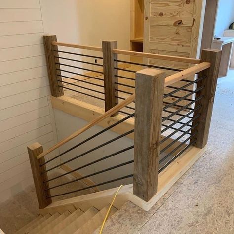 Rustic Metal Stair Railing, Stair Well Railing Ideas, Diy Stairs Railing Makeover Cheap, Modern Rustic Stair Railing, Rustic Interior Stair Railings, Railings For Stairs Horizontal, Rustic Loft Railing, Inexpensive Railing Ideas, Basement Stairway Railing Ideas