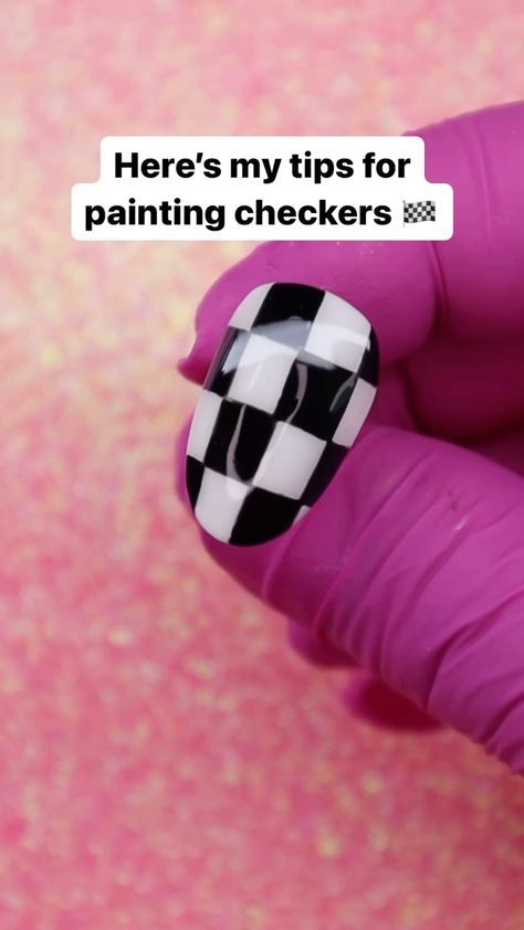 Nail Designs Cute Creative, How To Checkerboard Nails, Checkered Nails How To, Checkered Nail Tutorial, How To Make Checkered Nails, Black And White Checked Nails, Nail Checkered Design, How To Nail Designs Step By Step, Simple Checkered Nails