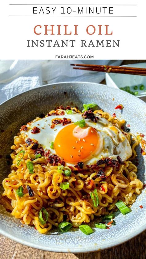 Chili oil instant ramen noodles served in a light blue bowl, topped with a fried egg, and sliced green onions. Authentic Ramen Recipes, Chili Oil Ramen, Shrimp Spring Rolls, Ramen Noodle Recipes, Instant Ramen, Easy Asian Recipes, Easy Asian, Chicken And Shrimp, Dried Vegetables