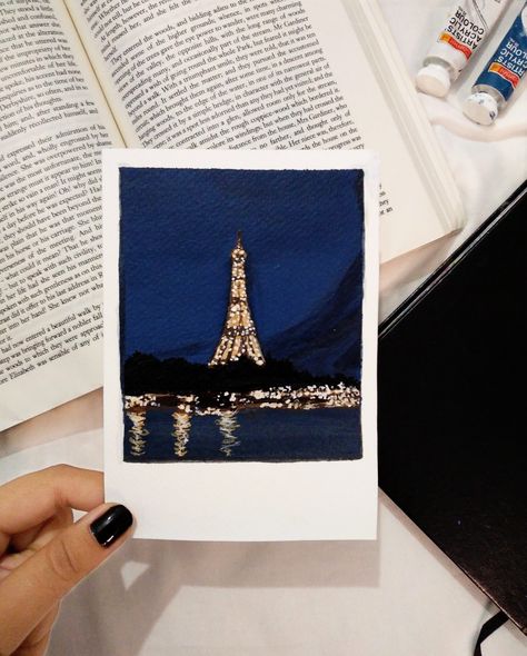 Paris polaroid painting Polaroids Painting Ideas, Acrylic Painting Polaroid, Polaroid Pictures Drawing Ideas, Polaroid Sketch Drawings, Mini Polaroid Painting Aesthetic, Polaroid Pictures Painting, Polaroid Picture Painting, Small Polaroid Paintings, Painting On Polaroids