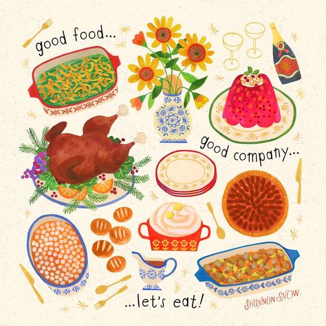 Shannon Snow on Instagram: “I’ve had many a Thanksgiving in my life, and these are my essentials: ✔️Turkey (it better be fried) ✔️Stuffing ✔️Gravy ✔️Cranberry…” Thanksgiving Inspiration, Holiday Clipart, Food Illustrations, Good Company, Happy Thanksgiving, Surface Pattern Design, Aesthetic Food, Surface Design, Fascinator