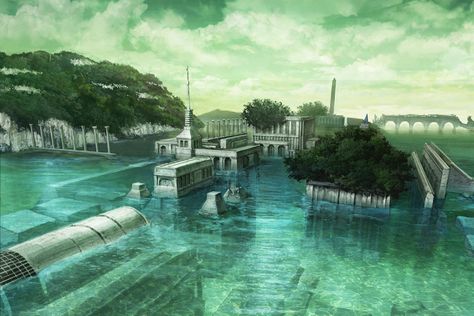 Flooded City Art, Flooded City Concept Art, Flooded City Aesthetic, Flooded City, Drakengard 3, Apocalypse Landscape, Post Apocalyptic City, Sunken City, Kids Canvas Art