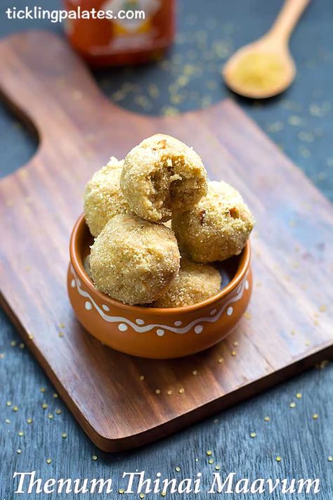 Foxtail Millet Honey Balls - Thenum Thinai Maavum Rava Laddu Recipe, Rava Laddu, Easy Indian Sweet Recipes, Diwali Recipes, Diwali Food, Dry Coconut, Indian Cooking Recipes, Diwali Special, Sweet Dishes Recipes