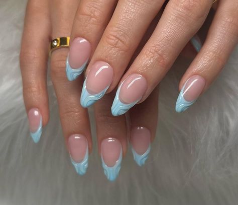 Blue French Tip Nails Almond, French With Design, Tip Nails Almond, French Tip Nails Almond, Blue French Tip Nails, Island Nails, Blue French Tip, Acrylic Nail Kit, Classy Acrylic Nails