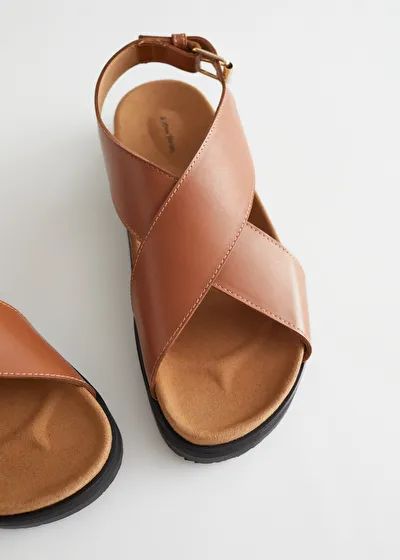 Criss Cross Leather Sandal - Brown - Flat sandals - & Other Stories US Leather Sandals With Crisscross Straps For Summer, Casual Brown Sandals With Cross Strap, Casual Brown Cross Strap Sandals, Casual Brown Cross-strap Sandals, Brown Leather T-strap Sandals With Buckle Closure, Block Sandals, Criss Cross Sandals, Best Flats, Brown Flats