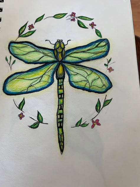 Whimsical Dragonfly Art, Dragonfly Drawing Step By Step, Dragonfly Pen Drawing, Dragon Fly Art Painting, Whimsical Pencil Drawings, Watercolor Pencil Art Ideas Easy, Easy Dragonfly Painting, Colored Pencil Doodles Aesthetic, Dragon Fly Painting Easy