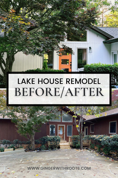 before and after pictures of lake house remodel Lakehouse Siding Ideas, Mid Century Lake House Decor, Lake House Before And After, Lake House Bathroom Ideas Cottage, Ikea Lake House, Lake House Updates, Magnolia Fixer Upper Lake House, Small Lake House Remodel, Timeless Lake House