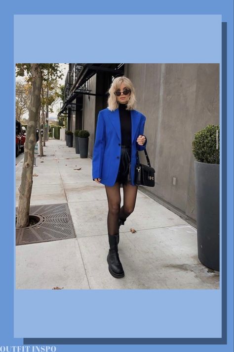 Blue Blazer Winter Outfit, Cobalt Blue Work Outfit, Cobalt Blue And Black Outfit, Electric Blue And Black Outfit, Cobalt Blazer Outfit, Cobalt Blue Blazer Outfit, Cobalt Blue Jacket Outfit, Electric Blue Blazer Outfit, Cobalt Blue Blazer Outfits For Women