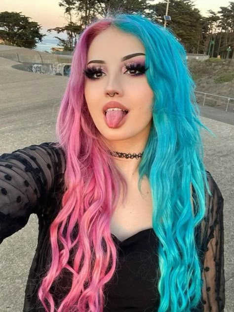 Blue And Pink Split Dye, Pink Split Dye, Harley Quinn Hair, Fox Hair Color, Unnatural Hair Color, Split Dye, Split Dyed Hair, Pink Hair Dye, Vivid Hair Color