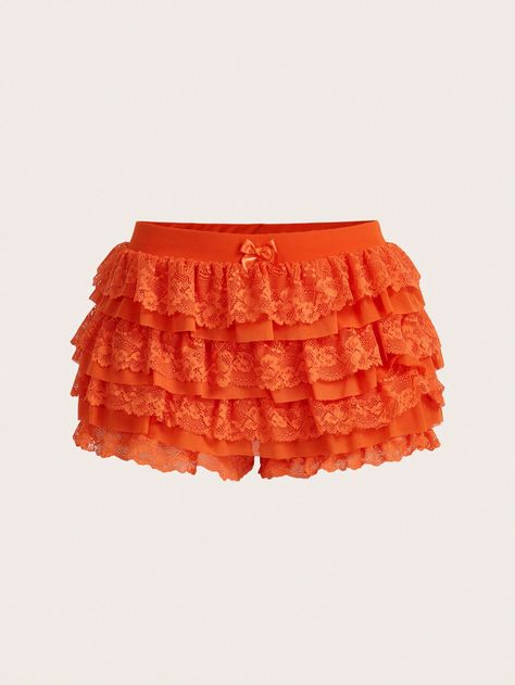 Summer  Women Coquette Balletcore  Sweet Bow Kawaii Mesh Contrast Lace Ruffle Trim Low Waist  Micro Mini Shorts Summer Shorts Halloween Clothes Orange Casual   Knitted Fabric Plain Skort Medium Stretch  Women Clothing, size features are:Bust: ,Length: ,Sleeve Length: Ruffle Shorts Outfit, Orange Bottoms, Ruffled Shorts, Frill Shorts, Short Women Fashion, Micro Skirt, Ruffle Mini Skirt, Halloween Orange, Women Shorts