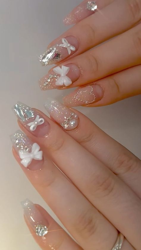 Aesthetic Nail Art, Coquette Nail, Nails Girly, Princess Vibe, Aesthetic Bow, Glitter Aesthetic, Coquette Nails, Butterfly Nail Designs, Korean Nail