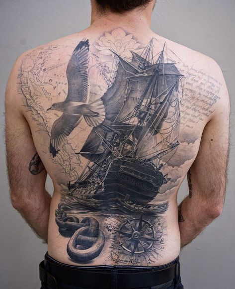 Sailing themed back tattoo by Denis Torikashvili, an artist at Vatican Studios in Lake Forest, California. Sailing Themed Back Tattoo first appeared on Best Tattoo Ideas For Men & Women. https://tattoo-ideas.com/sail-back/ Nautical Leg Sleeve, Fisherman Aesthetic, 500 Tattoo, Teen Tattoos, Davey Jones, Best Tattoo Ideas For Men, Boat Tattoo, Cool Back Tattoos, Aesthetic Tattoos