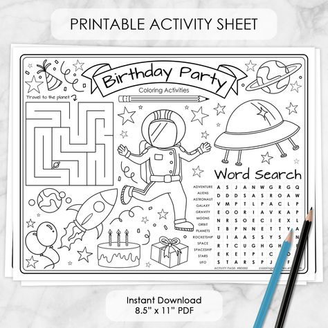 Birthday Party Coloring Activity Sheet, space galaxy planets spaceship rocket gifts placemat, kids teachers students - Printable BD002 Drawings To Color, Puzzle Activities, Balloons Gift, Drawn Stars, Cake Balloons, Astronaut Party, Galaxy Planets, Space Birthday Party, Galaxy Theme